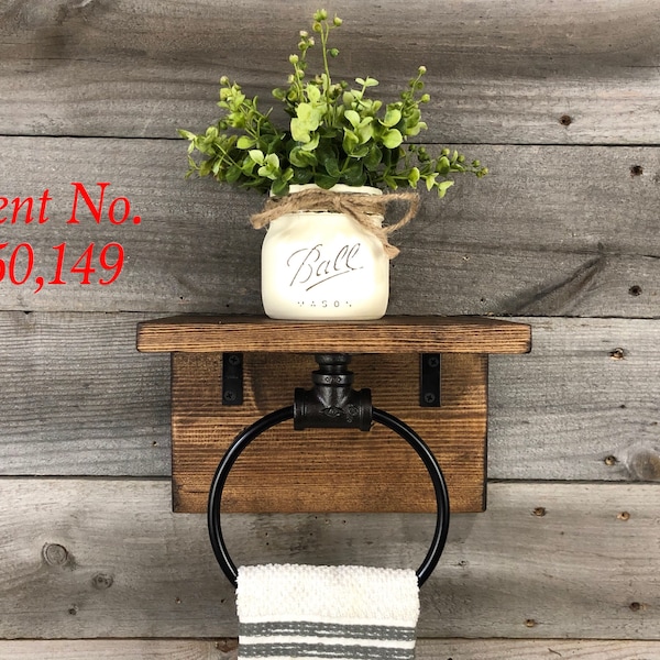 DESIGNED BY LIGHTROOOM, Hand Towel Ring Holder With Shelf And Backing Wood, Farmhouse Bathroom Decor, Pipe Industrial Rustic, Wall Shelf