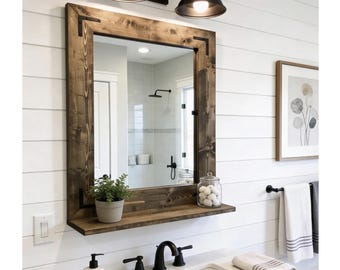 Mirror with 5" Deep Shelf, 60+ Sizes + Custom Orders,Bathroom Entryway Mirror,22 Wood Colors,Wall Mirror,Mirror with Brackets,Farmhouse,Gift