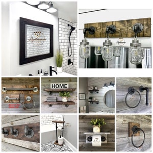 Portarrollos de papel higiénico industrial y rústico con estante, portarrollos de papel higiénico, soporte industrial para baño, soporte para papel higiénico, decoración rústica, almacenamiento de pared para papel higiénico. imagen 11