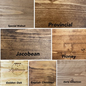 May include: A collage of six wood stain samples showing distinct grain patterns and color variations. Labels include Special Walnut, Provincial, Jacobean, Honey, Golden Oak with a logo, English Chestnut, and Early American, each displaying unique wood tones.