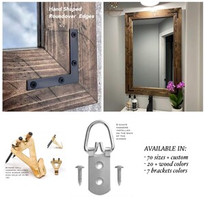 May include: A dark brown wooden framed mirror, with a corner detail featuring a black metal bracket. The image also shows hanging hardware and text that says "Hand Shaped Roundover Edges".