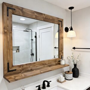 Bathroom Mirror with 5" Deep Shelf,Farmhouse Rustic Bath Entryway Mirror,Hallway Key Holder Wall Mirror,Mirror with Brackets,Vanity Mirror image 1