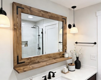 Bathroom Mirror with 5" Deep Shelf,Farmhouse Rustic Bath Entryway Mirror,Hallway Key Holder Wall Mirror,Mirror with Brackets,Vanity Mirror