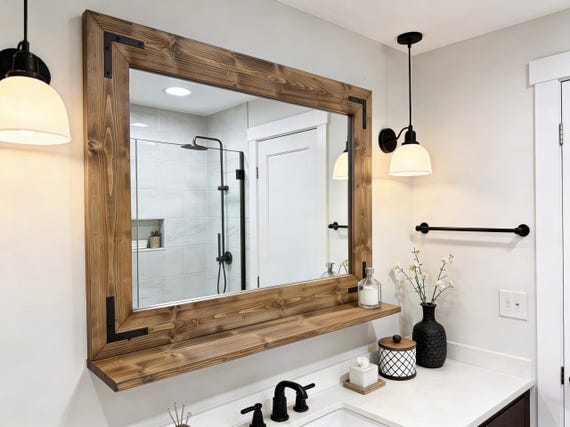Bathroom Mirror with 5" Deep Shelf,Farmhouse Rustic Bath Entryway Mirror,Hallway Key Holder Wall Mirror,Mirror with Brackets,Vanity Mirror