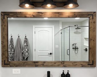 BATHROOM SET Mirror + 3 Black Shade Light Fixture,Farmhouse Design,Rustic Wood Framed Mirror,Shade Light Pendant Metal Light,Vanity Bath Set