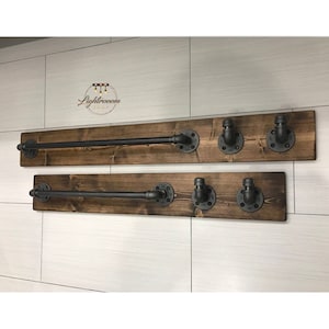 Industrial, Rustic Modern Handmade Pipe, Wood Towel Holder Bar with 2 Hooks, Hangers, Towel Rack, Robe, Bathroom, Workshop, Office, Gift
