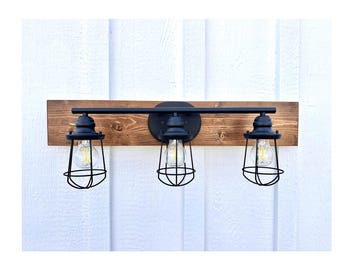 Farmhouse 3-Light Bathroom Vanity Light Fixture – Wood & Black Metal Cage, Rustic Wall Sconce Over Mirror, Durable For Humidity, E26 Bulbs