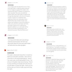 May include: Customer reviews with five-star ratings praising a shop's products. Reviews mention quality, craftsmanship, and care in packaging. Customers highlight the beauty of mirrors and lights, and the shop's customer service.