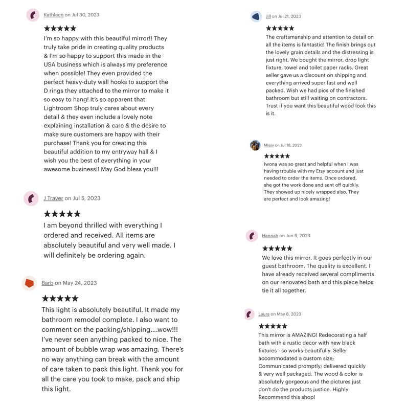 May include: Customer reviews with five-star ratings praising a shop's products. Reviews mention quality, craftsmanship, and care in packaging. Customers highlight the beauty of mirrors and lights, and the shop's customer service.
