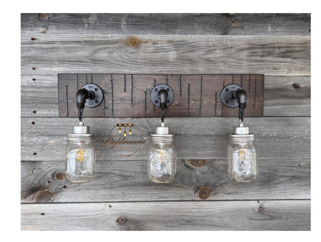 RUSTIC ENGRAVE Mason Jar Vanity Light, Distressed Wood, Bathroom Light