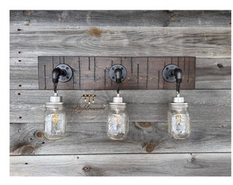 RUSTIC ENGRAVE Mason Jar Vanity Light, Distressed Wood, Bathroom Light Fixture, Farmhouse Decor, Industrial Pipe Fixture, Handmade Light