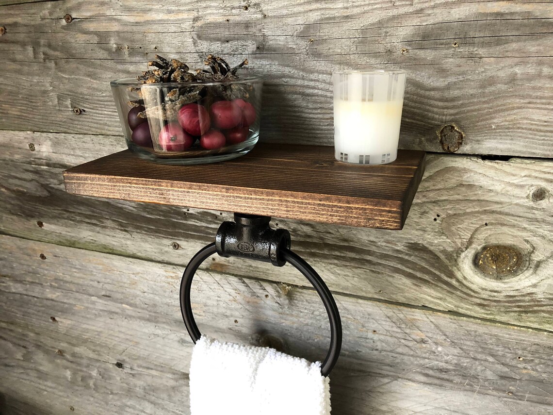Hand Towel Ring with Shelf Bathroom Organizer Wooden Rack Etsy