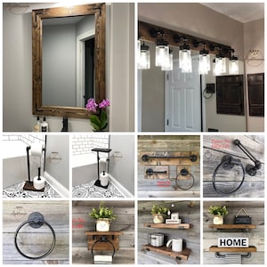 May include: A collection of rustic bathroom fixtures and decor. Includes a large framed mirror, a light fixture with glass jar shades, towel racks, shelves, and toilet paper holders. The items are made of wood and metal.