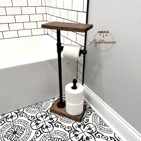HEAVY Base + EXTRA Storage, 3 Rolls Toilet Paper Stand With Shelf, Paper Dispenser, Rustic Pipe Toilet Paper Holder, Industrial Stand