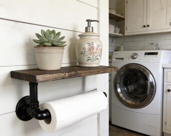 Portarrollos de papel con estante, soporte para papel de limpieza, barra para papel de lavandería, soporte para cocina, accesorio moderno para tuberías, decoración industrial, estilo rústico.