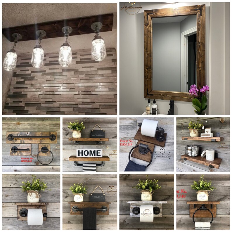 Puede incluir: Una colecci&oacute;n de accesorios de ba&ntilde;o que incluye una l&aacute;mpara de cuatro frascos de vidrio, un espejo con marco de madera rectangular y varios toalleros, portarrollos y estantes de pared fabricados con madera oscura y tuber&iacute;as de metal.