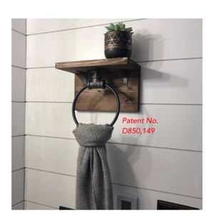 DESIGNED BY LIGHTROOOM, Hand Towel Ring Holder With Shelf And Backing Wood, Farmhouse Bathroom Decor, Pipe Industrial Rustic, Wall Shelf