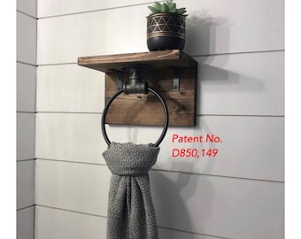 DESIGNED BY LIGHTROOOM, Hand Towel Ring Holder With Shelf And Backing Wood, Farmhouse Bathroom Decor, Pipe Industrial Rustic, Wall Shelf