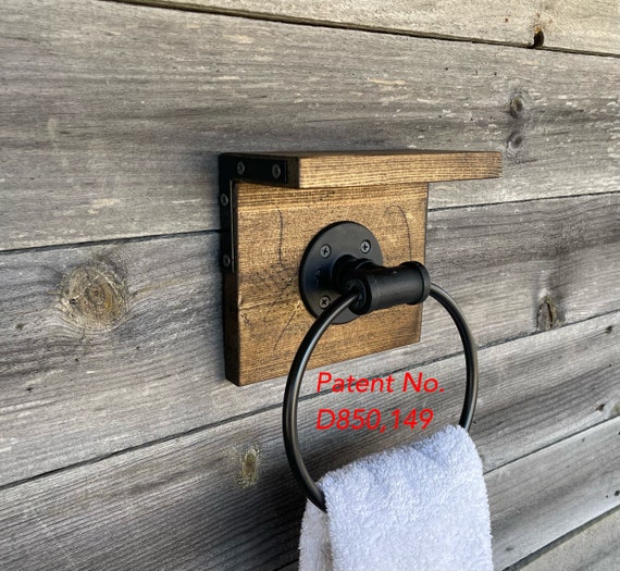 DESIGNED BY LIGHTROOOM, Hand Towel Ring Holder With Shelf and Backing Wood,  Farmhouse Bathroom Decor, Pipe Industrial Rustic, Wall Shelf 