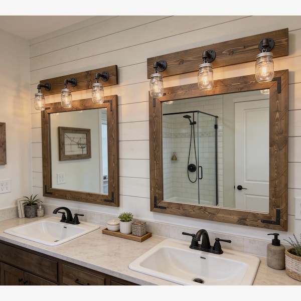 Mirror and Light Bathroom Vanity Set, Mason Jar Light, Farmhouse Decor, Rustic Mirror, USA Handmade