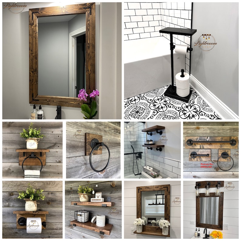 May include: A collection of bathroom accessories featuring dark stained wood and black metal hardware. Items include rectangular mirrors, wall-mounted shelves, toilet paper holders, towel rings, and towel bars, all designed with a consistent industrial aesthetic.