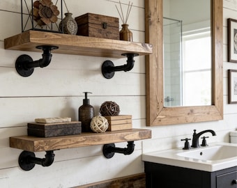 7.25” Deep Rustic Floating Shelf, Bathroom Storage, Kitchen Shelf, Living Room Decor, Farmhouse Decor, Pipe Shelf, Floating Shelf, Wall