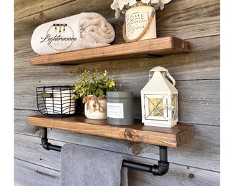 HEAVY DUTY 5.5"-9.25" Deep Set,Floating Shelf with L Shape Flat Brackets and Shelf with Towel Bar,Rustic Unique Handmade Bathroom Shelves