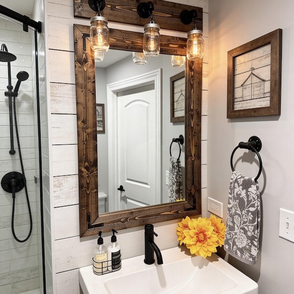 Mirror and Light Set,Bathroom Vanity,Mason Jar Light Fixture,Rustic Mirror,Wall Pendant Light,Rustic Industrial,Farmhouse Pipe Light,Gift