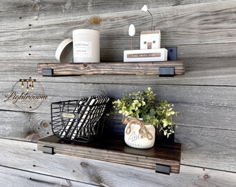 HEAVY DUTY Rustic Floating Shelf with J Shape Flat Brackets, Robust Brackets, Handmade Farmhouse Shelves, Rustic Industrial Metal Brackets