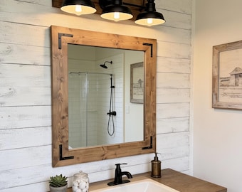 BATHROOM SET Mirror + 3 Black Shade Light Fixture,Farmhouse Design,Rustic Wood Framed Mirror,Shade Light Pendant Metal Light,Vanity Bath Set