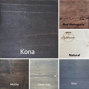 May include: A collage of wood stain samples in various colors. The samples include Kona, Red Mahogany, Natural, Mocha, Classic Gray, and Gray. Each sample has the color name printed on it.