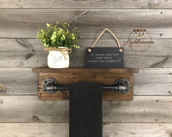 Towel Holder with Shelf, Rustic Industrial Towel Bar, Floating Shelf Bathroom Rack, Wall Shelf, Storage Organization, Shelves, Pipe Holder,