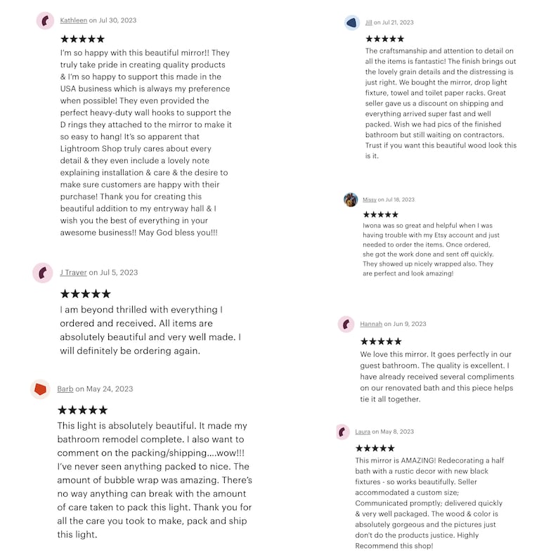 May include: Customer testimonials with five-star ratings, praising product quality, packaging, and customer service. Reviews highlight mirrors, lighting, and bathroom decor, with mentions of a shop.