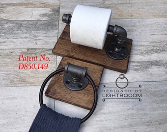 TP + Towel Ring Bathroom Set,Toilet Paper Holder,Industrial Rustic Black Pipe,Handmade,Modern,Unique Set,Made in USA by Lightrooom Shop