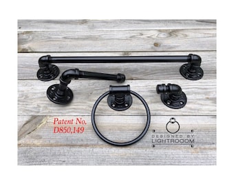 Industrial Modern Bathroom set of 4 Towel Holder/Toilet Paper Holder/Hook/Towel Ring/Hanger/Rack/Pipe Bathroom/Workshop, HGTV Bath Idea,Gift