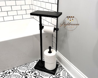 HEAVY Base + EXTRA Storage, 3 Rolls Toilet Paper Stand With Shelf, Paper Dispenser, Rustic Toilet Paper Holder, Industrial Floor TP Stand