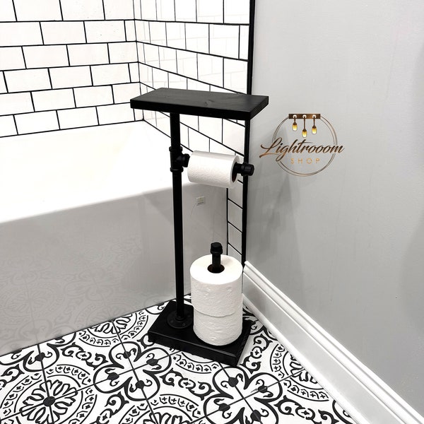 HEAVY Base + EXTRA Storage, 3 Rolls Toilet Paper Stand With Shelf, Paper Dispenser, Rustic Toilet Paper Holder, Industrial Floor TP Stand