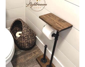 Top Quality Toilet Paper Stand with Shelf + EXTRA Storage,3 Rolls Free Floor Stand,Rustic Industrial Brand New Dispenser,Handcrafted USA