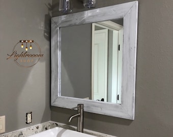 HEAVY WHITEWASH Framed Mirror,Rustic Handmade Mirror,Bath Wall Mirror,Vanity Mirror,Entryway Large Mirror, 18x18 - 40x30 + Custom Sizes