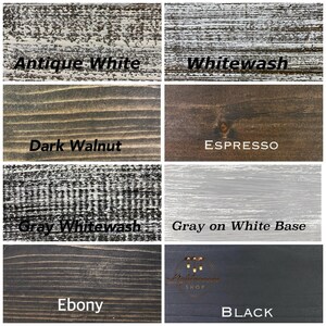 Puede incluir: Una cuadr&iacute;cula de ocho muestras de acabado de madera etiquetadas como Antique White, Whitewash, Dark Walnut, Espresso, Gray Whitewash, Gray on White Base, Ebony y Black. Cada cuadrado muestra una textura de veta, color y estilo de tinte.