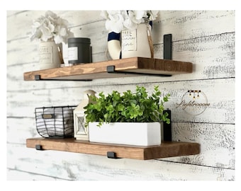 SET OF TWO (2) Heavy Duty Rustic Floating Shelfs with J Shape Flat Brackets,Robust Brackets,Handmade Deep Long Shelves,Home Reno,Minimalist