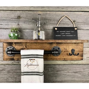 Towel Holder with Shelf, Rustic Industrial Towel Bar, Floating Shelf, Bathroom Rack, Wall Shelf, Storage Organization, Shelves, Double Hook,