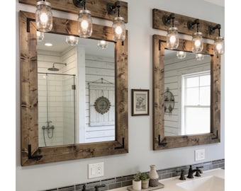 Mirror and Light Bathroom Vanity Set, Mason Jar Light Fixture, Rustic Mirror, Handmade Farmhouse Set made in USA