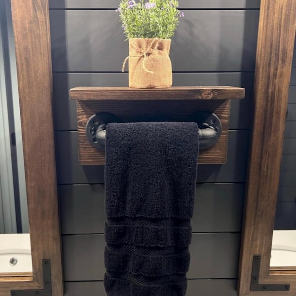 Towel Holder with Shelf, Rustic Industrial Towel Bar, Floating Shelf Bathroom Rack, Wall Shelf, Storage Organization, Shelves, Pipe Holder,