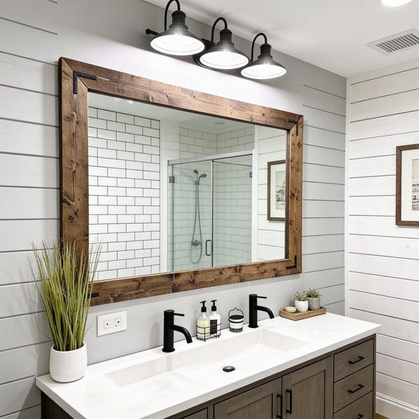 Bathroom Mirror,Rustic Farmhouse DARK WALNUT Mirror,Country Framed Wood Mirror,Bathroom Light Mirror,Wall Vanity Mirror,Large Mirror Bracket