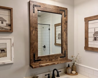 Mirror with 3.5" Deep Shelf, 70 Sizes + Custom Orders, 22 Wood Colors,Entryway Mirror,Bath Rustic Shelf,Wall Storage Mirror,Farmhouse Decor,