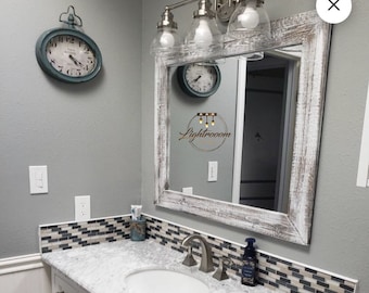 Bathroom Mirror,Farmhouse Rustic WHITEWASH Mirror,Wood Framed Mirror,Wall Vanity Light Mirror,Small Large Farmhouse Mirror,New Bathroom Reno