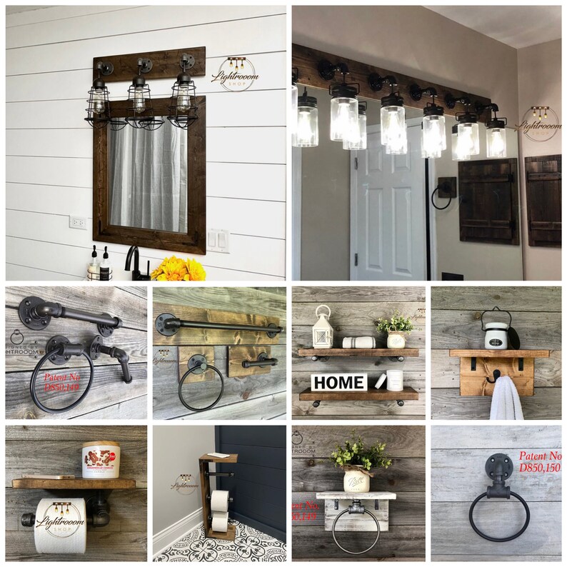 May include: A collection of bathroom fixtures featuring dark stained wood planks and black industrial metal pipe hardware. Items include wall-mounted light fixtures with wire cages, towel rings, toilet paper holders, and floating shelves with metal brackets.