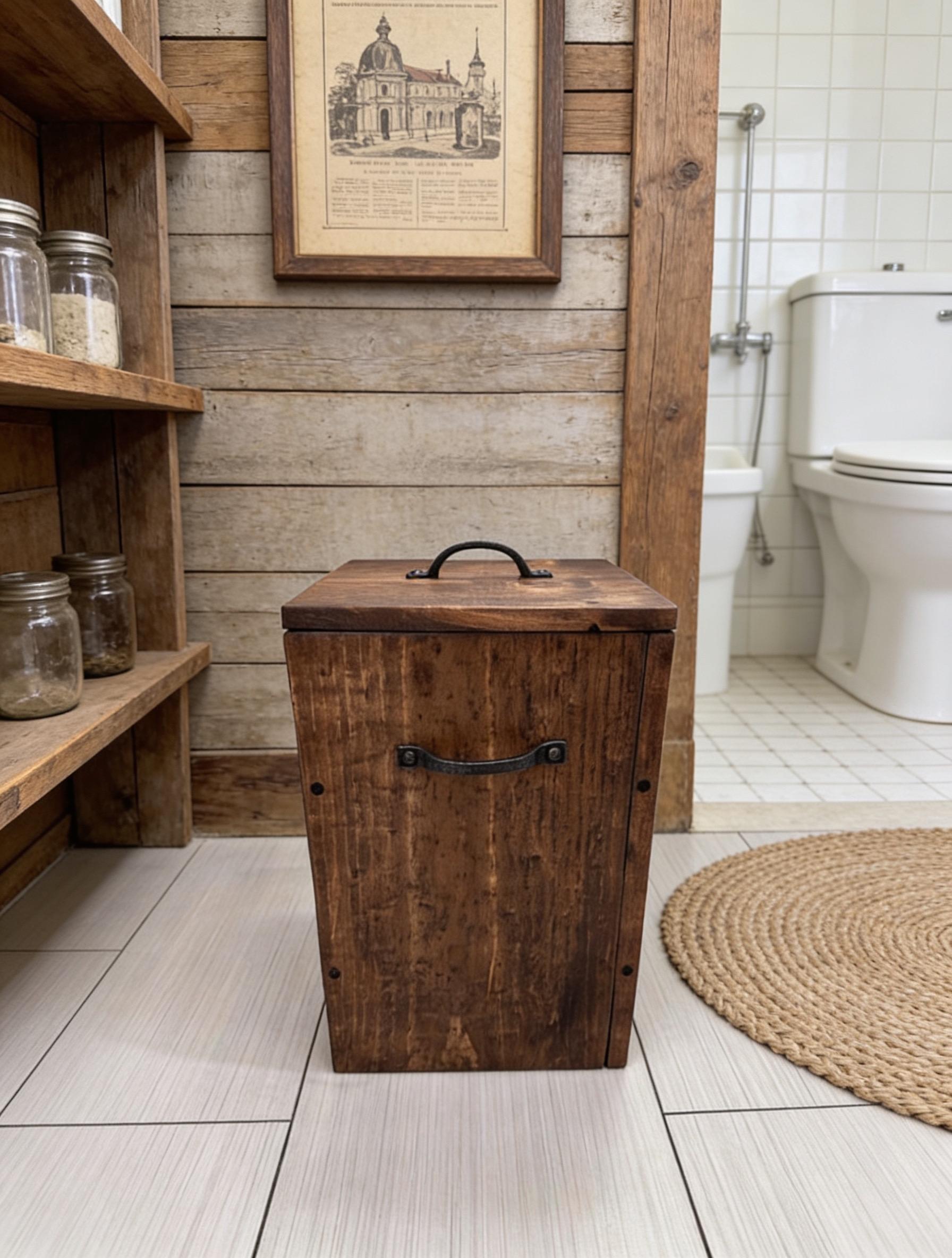 店舗什器 　木製　BIG TRASH BOX 82㌢ ESPRESSO Rustic Garbage Can With Lid, Bathroom Trash Can, 2 Sizes