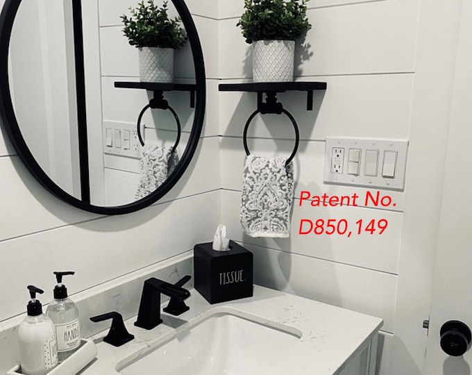 Hand Towel Ring With Shelf Bathroom Decor Organizer Wooden Etsy